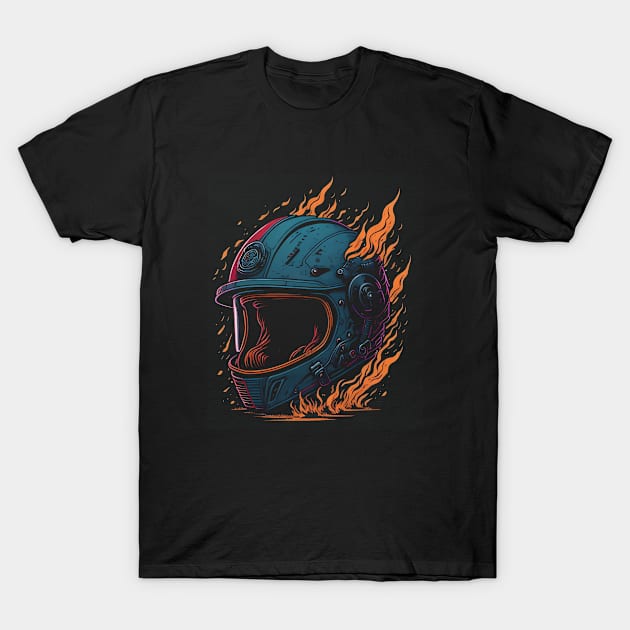 Flaming motorcycle helmet T-Shirt by Lolebomb